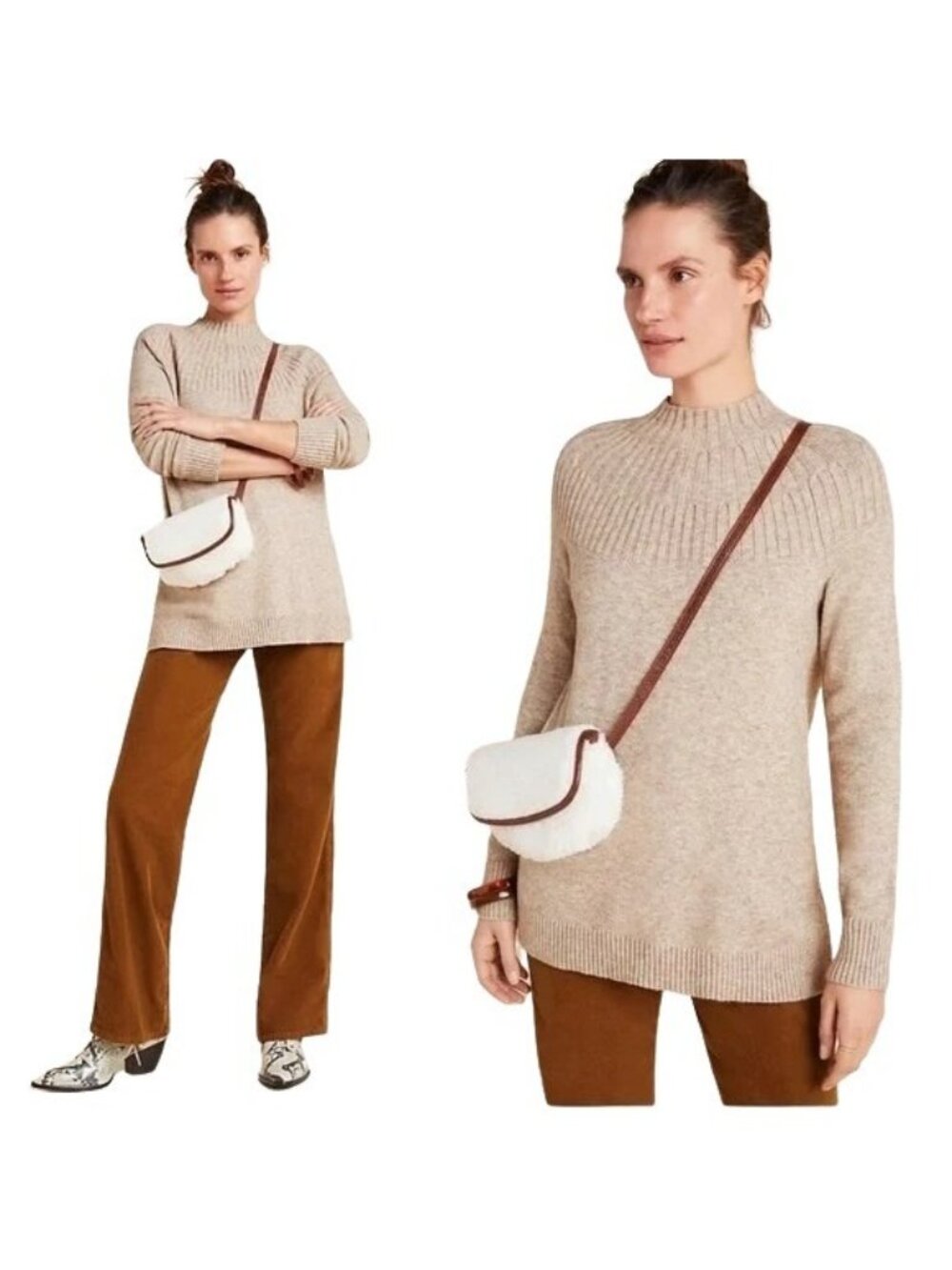 By Anthropologie Tan Welford Viscose Soft High Neck Pullover Sweater Tunic Size